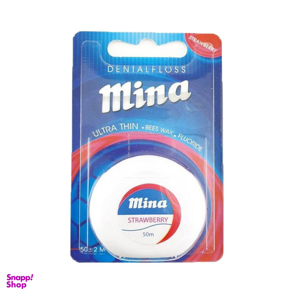نخ دندان مینا (Mina) مدل Ultra thin با اسانس توت فرنگی طول 50 متر بسته 12 عددی