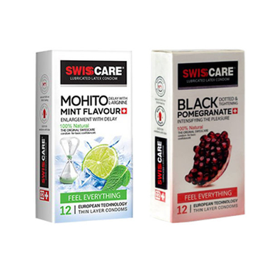 کاندوم مدل MOHITO MINT FLAVOUR سوییس کر (Swisscare) بسته 12 عددی به همراه کاندوم مدل BLACK POMEGRANATE