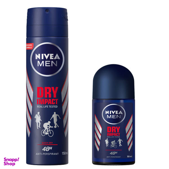 اسپری مردانه نیوآ (Nivea) مدل Dry Impact real life tested حجم 150 میلیلیتر به همراه رول ضد تعریق حجم 50 میلیلیتر