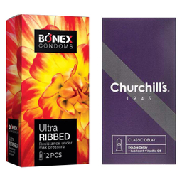 کاندوم مدل Classic Delay بسته 12 عددی چرچیلز (Churchill's) به همراه کاندوم مدل Ultra Ribbed بونکس بسته 12 عددی