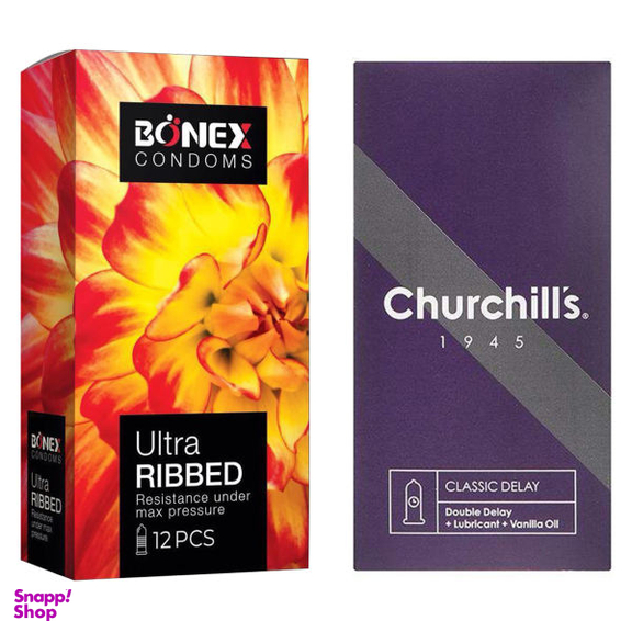 کاندوم مدل Classic Delay بسته 12 عددی چرچیلز (Churchill's) به همراه کاندوم مدل Ultra Ribbed بونکس بسته 12 عددی