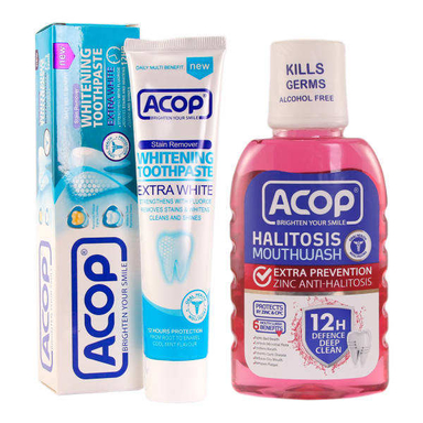دهان شویه آکوپ (Acop) مدل Halitosis حجم 300 میلی‌‌لیتر و خمیردندان آکوپ مدل Whitening حجم 90 میلی‌لیتر