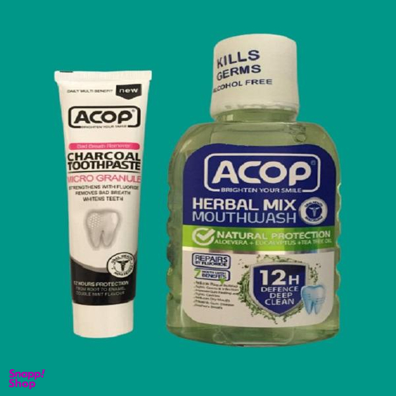 دهان شویه آکوپ (Acop) مدل Herbal Mix حجم 300 میلی‌ لیتر و خمیر دندان آکوپ مدل Charcoal حجم 90 میلی‌ لیتر