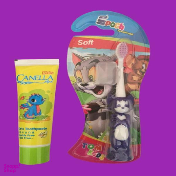خمیر دندان مدل Banana حجم 60 میلی‌لیتر کنلامکس (Canella Max) به همراه مسواک ایپوچ مدل Tom Kids 01 با برس نرم