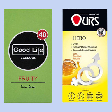 کاندوم مدل Fruity گودلایف (Good life) بسته 12 عددی به همراه کاندوم مدل Hero اورز (Ours) بسته 12 عددی