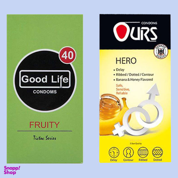 کاندوم مدل Fruity گودلایف (Good life) بسته 12 عددی به همراه کاندوم مدل Hero اورز (Ours) بسته 12 عددی