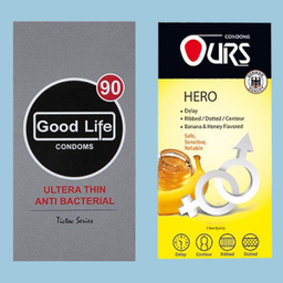 کاندوم مدل Ultra Thin Anti Bacterial گودلایف (Good life) بسته 12 عددی + کاندوم تاخیری مدل Hero اورز (Ours) بسته 12 عددی