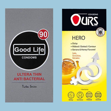 کاندوم مدل Ultra Thin Anti Bacterial گودلایف (Good life) بسته 12 عددی + کاندوم تاخیری مدل Hero اورز (Ours) بسته 12 عددی