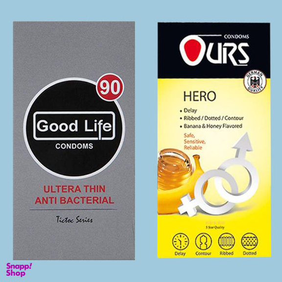 کاندوم مدل Ultra Thin Anti Bacterial گودلایف (Good life) بسته 12 عددی + کاندوم تاخیری مدل Hero اورز (Ours) بسته 12 عددی