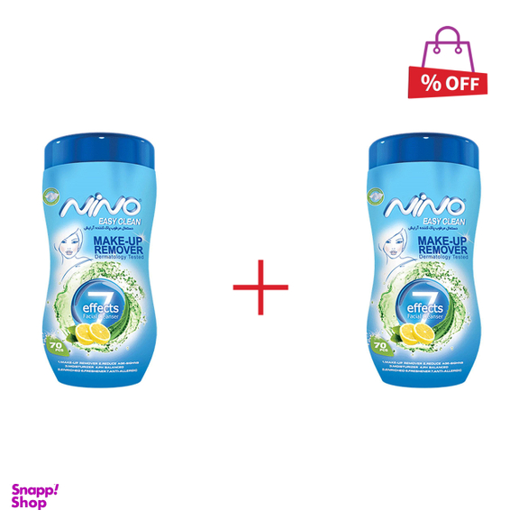 دستمال مرطوب پاک‌کننده آرایش کمر باریک نینو (Nino) بسته 70 عددی مجموعه 2 عددی