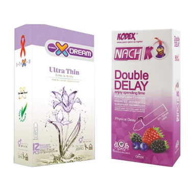 کاندوم ایکس دریم (XDream) مدل Ultra Thin بسته 12 عددی به همراه کاندوم ناچ کدکس (Nach Kodex) مدل Double Delay بسته 10 عددی