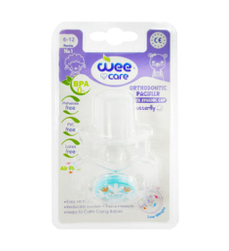 پستانک ارتودنسی سفید چاپدار وی کر (wee care) مدل دربدار پروانه ای کد P125 سایز2