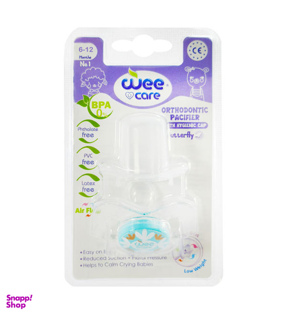 پستانک ارتودنسی سفید چاپدار وی کر (wee care) مدل دربدار پروانه ای کد P125 سایز2