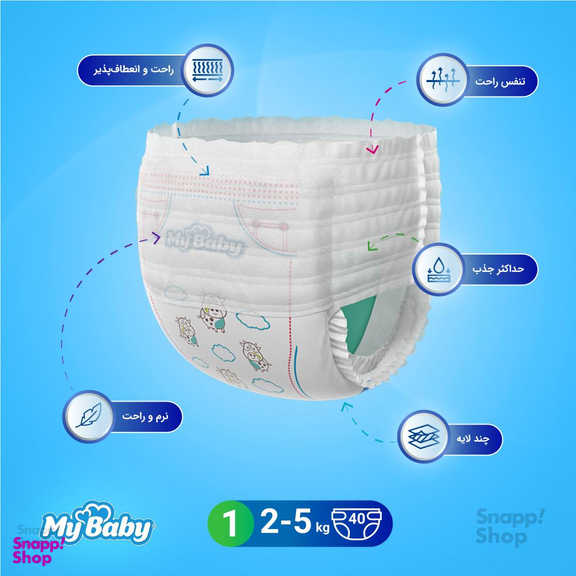 پوشک مای بیبی (My Baby) مدل آبی سایز 1 بسته 40 عددی
