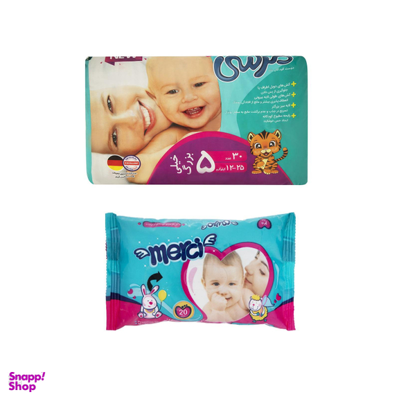 پوشک بچه مرسی (Merci) کد 001 سایز 5 بسته 30 عددی به همراه دستمال مرطوب