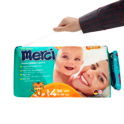 پوشک بچه مرسی (Merci) سایز 4 بسته 36 عددی به همراه دستمال مرطوب