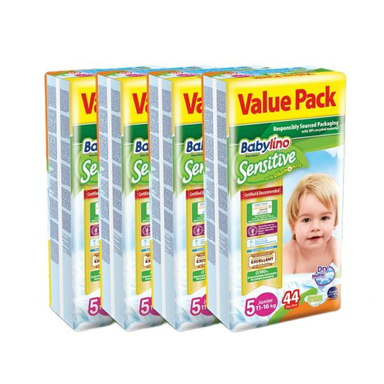 پوشک بیبی لینو (Babylino) مدل Sensitive کد 5 مجموعه 4 عددی بسته 44 عددی