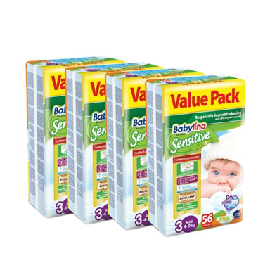 پوشک بیبی لینو (Babylino) مدل Sensitive کد 3 مجموعه 4 عددی بسته 56 عددی