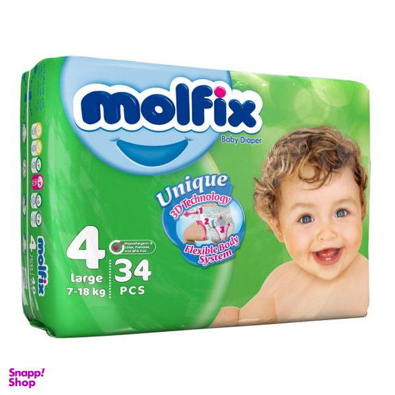 پوشک کودک مولفیکس (Molfix) سایز 4 مجموعه 4 عددی بسته 34 عددی