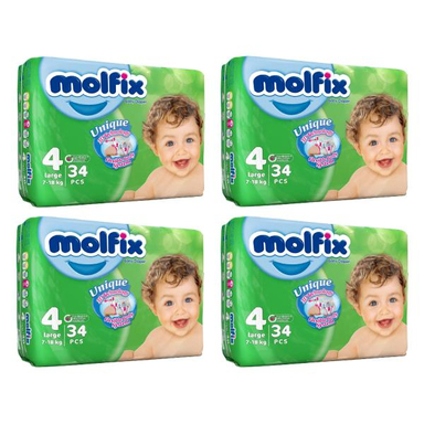 پوشک کودک مولفیکس (Molfix) سایز 4 مجموعه 4 عددی بسته 34 عددی