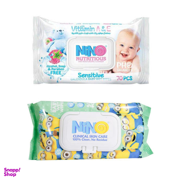 دستمال مرطوب کودک نینو (Nino) مدل Sensitive بسته 70 عددی به همراه دستمال مرطوب مدل عصاره کالاندولا بسته 50 عددی