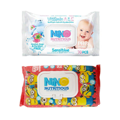 دستمال مرطوب کودک نینو (Nino) مدل Sensitive بسته 70 عددی به همراه دستمال مرطوب کودک نینو بسته 50 عددی