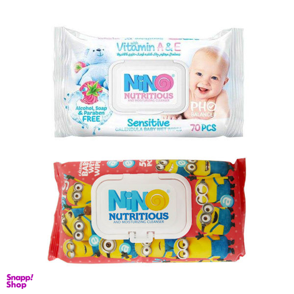 دستمال مرطوب کودک نینو (Nino) مدل Sensitive بسته 70 عددی به همراه دستمال مرطوب کودک نینو بسته 50 عددی