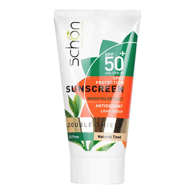 ضد آفتاب طبیعی فاقد چربی شون (Schon) مدل دابل شیلد چای سبز با +SPF50 رنگی حجم 50 میلی لیتر