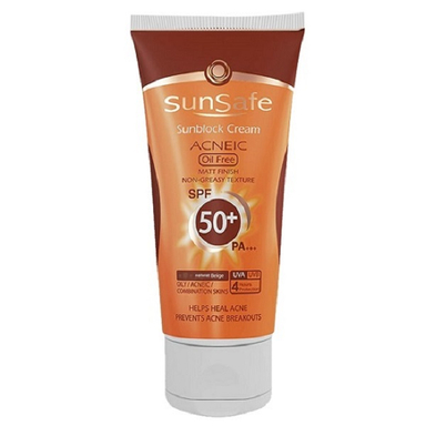 کرم ضد آفتاب رنگی Spf50 فاقد چربی سان سیف (Sunsafe) رنگ بژ طبیعی مناسب پوست چرب و آکنه دار حجم 50 میلی لیتر