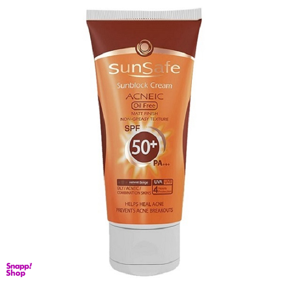 کرم ضد آفتاب رنگی Spf50 فاقد چربی سان سیف (Sunsafe) رنگ بژ طبیعی مناسب پوست چرب و آکنه دار حجم 50 میلی لیتر