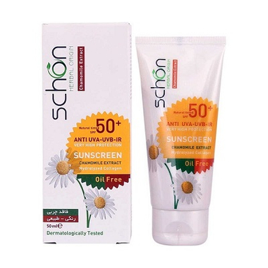 کرم ضد آفتاب Spf50 شون (Schone) مناسب پوست های معمولی تا چرب رنگی طبیعی حجم 50 میلی لیتر