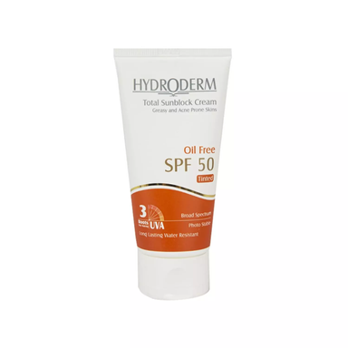 کرم ضد آفتاب Spf 50 فاقد چربی هیدرودرم (Hydroderm) رنگ بژ متوسط مناسب پوست چرب و جوشدار حجم 50 میلی لیتر