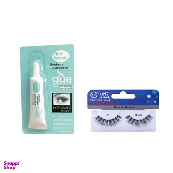 چسب مژه مصنوعی فلش بیوتی (Flash Beauty) مدل Adhesive وزن 7 گرم + مژه مصنوعی جفتی تیک با نخ نامریی شماره TIK 20 مجموعه 2 عددی