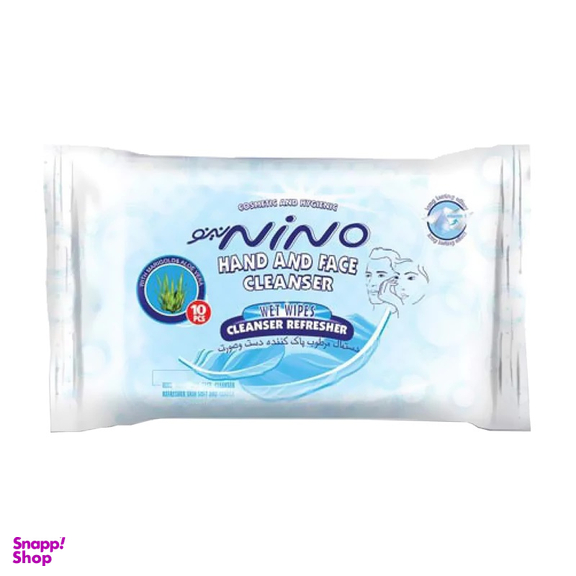 دستمال مرطوب پاک کننده نینو (Nino) مخصوص دست و صورت بسته 10 عددی