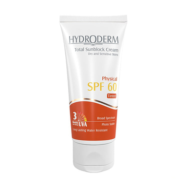 کرم ضد آفتاب رنگی فیزیکال هیدرودرم (Hydroderm) با SPF60 مخصوص پوست خشک
