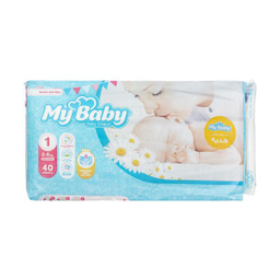 پوشک مای بیبی (My Baby) آبی سری مهربان با پوست سایز 1 بسته 40 عددی به همراه دستمال مرطوب
