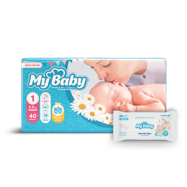 پوشک مای بیبی (My Baby) آبی سری مهربان با پوست سایز 1 بسته 40 عددی به همراه دستمال مرطوب