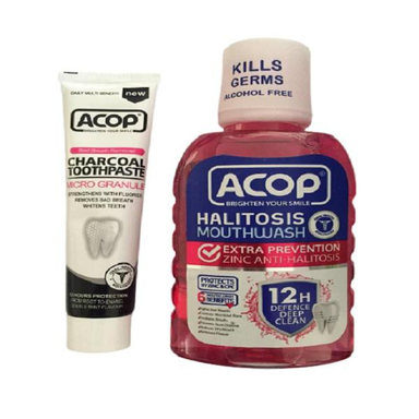 دهان شویه آکوپ (Acop) مدل Halitosis حجم 300 میلی‌ لیتر + خمیر دندان آکوپ مدل Charcoal حجم 90 میلی‌ لیتر