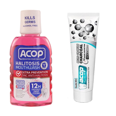 دهان شویه آکوپ (Acop) مدل Halitosis حجم 300 میلی‌ لیتر و خمیر دندان آکوپ مدل Double Mint حجم 90 میلی‌ لیتر