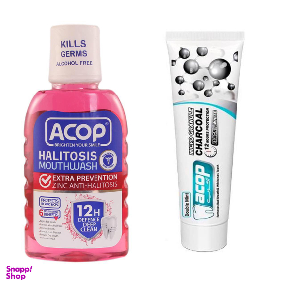 دهان شویه آکوپ (Acop) مدل Halitosis حجم 300 میلی‌ لیتر و خمیر دندان آکوپ مدل Double Mint حجم 90 میلی‌ لیتر