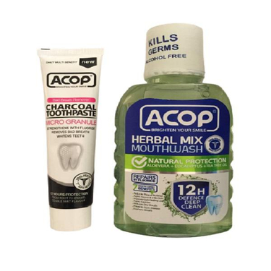 دهان شویه آکوپ (Acop) مدل Herbal Mix حجم 300 میلی‌ لیتر و خمیر دندان آکوپ مدل Charcoal حجم 90 میلی‌ لیتر