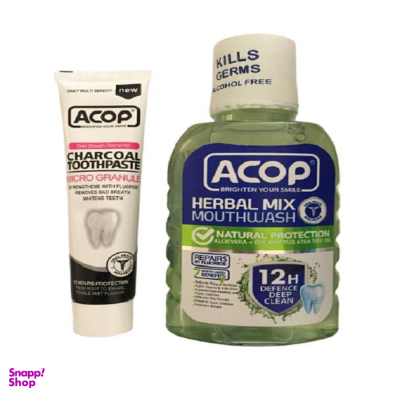 دهان شویه آکوپ (Acop) مدل Herbal Mix حجم 300 میلی‌ لیتر و خمیر دندان آکوپ مدل Charcoal حجم 90 میلی‌ لیتر