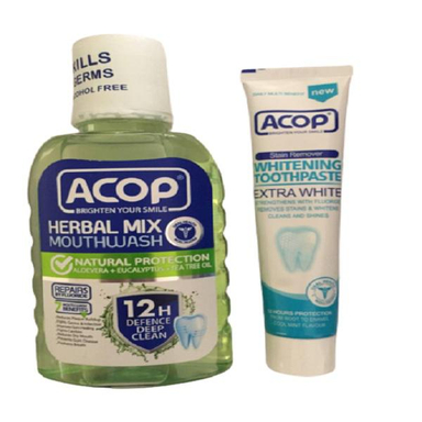 دهان شویه آکوپ (Acop) مدل Herbal Mix بدون الکل حجم 300 میلی‌ لیتر + خمیر دندان آکوپ مدل Whitening حجم 90 میلی‌ لیتر