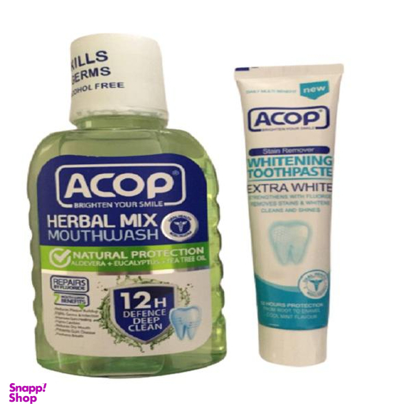 دهان شویه آکوپ (Acop) مدل Herbal Mix بدون الکل حجم 300 میلی‌ لیتر + خمیر دندان آکوپ مدل Whitening حجم 90 میلی‌ لیتر