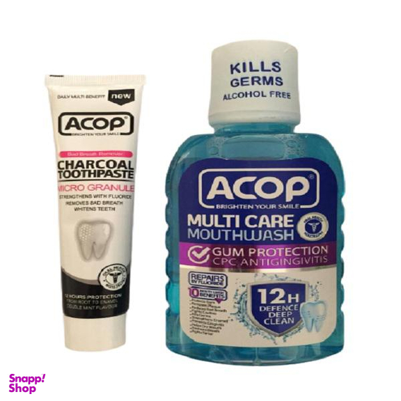 دهان شویه آکوپ (Acop) مدل Multi Care حجم 300 میلی لیتر و خمیر دندان آکوپ مدل Charcoal حجم 90 میلی لیتر