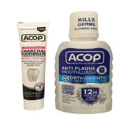 دهان شویه آکوپ (Acop) مدل Anti Plaque حجم 300 میلی و خمیر دندان آکوپ مدل Charcoal حجم 90 میلی‌ لیتر