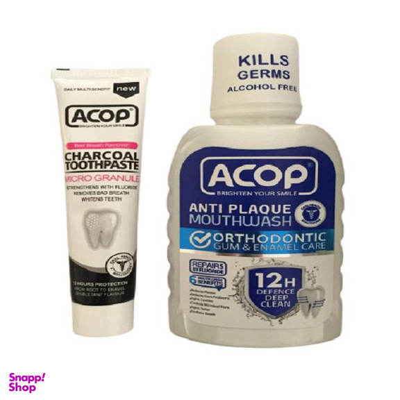 دهان شویه آکوپ (Acop) مدل Anti Plaque حجم 300 میلی و خمیر دندان آکوپ مدل Charcoal حجم 90 میلی‌ لیتر