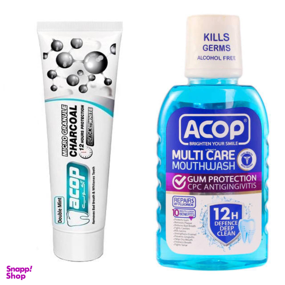 دهان شویه آکوپ (Acop) مدل Multi Care حجم 300 میلی‌ لیتر و خمیر دندان آکوپ مدل Double Mint وزن 90 گرم