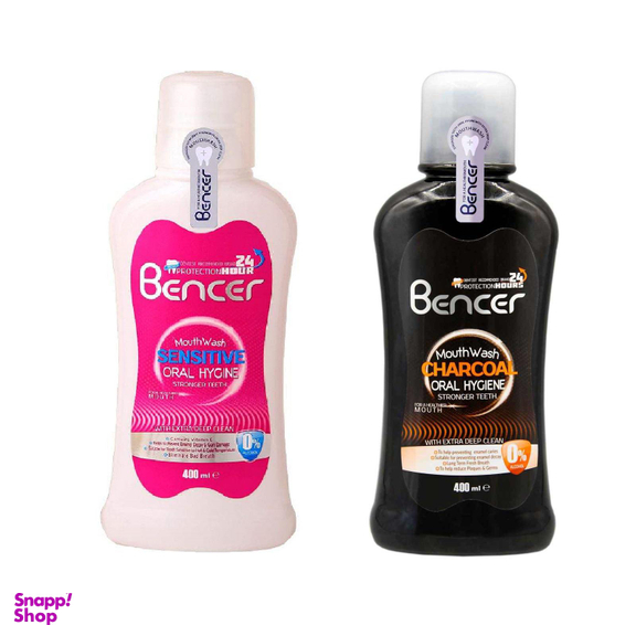 دهان شویه بنسر (Bencer) مدل Charcoal حجم 400 میلی‌ لیتر + دهان شویه بنسر مدل Sensitive حجم 400 میلی لیتر