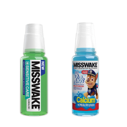 دهان شویه میسویک (Misswake) مدل Sensitive Care حجم 200 میلی‌ لیتر + دهان شویه کودک مدل Chase حجم 200 میلی‌ لیتر
